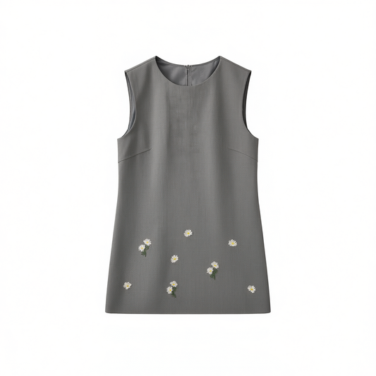 [106]NM  French-style hand-embroidered daisy straight vest dress for women bead-heavy solid spliced dress