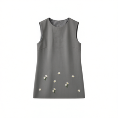 [106]NM  French-style hand-embroidered daisy straight vest dress for women bead-heavy solid spliced dress