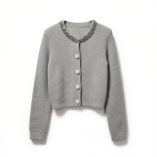 [459]G   MandyZhang Suli Alpaca Wool Round Neck Knit Cardigan with Pearl and Diamond Embellishments, Women's High-End Short Sweater