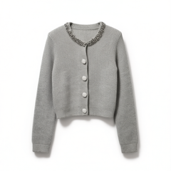 [459]G   MandyZhang Suli Alpaca Wool Round Neck Knit Cardigan with Pearl and Diamond Embellishments, Women's High-End Short Sweater