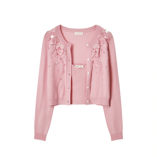 [035]G   ORG Pink French Casual Elegant Sequins Long Sleeve Sun Protection Cardigan Top Spring/Summer 2025