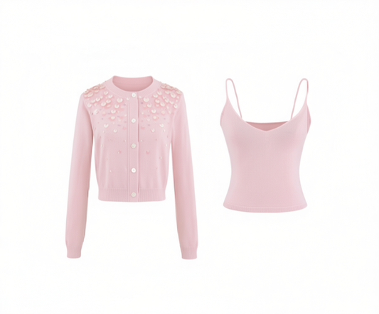 [035]GN   ORG Pink French Casual Elegant Sequins Long Sleeve Sun Protection Cardigan Top and Bodysuit Two-Piece Set Spring/Summer 2025