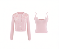 [035]GN   ORG Pink French Casual Elegant Sequins Long Sleeve Sun Protection Cardigan Top and Bodysuit Two-Piece Set Spring/Summer 2025