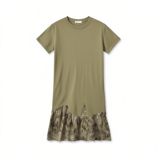 [750]GM   French Vintage Short-Sleeve T-Shirt Dress for Women 2025 Summer New Asymmetrical Patchwork Floral Print Mermaid Long Dress
