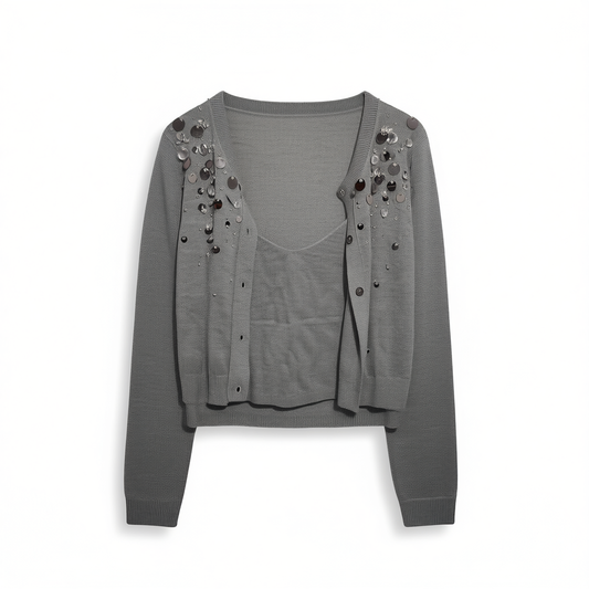 [675]G   ORG Gray French Casual Exquisite Sequin Long Sleeve Sun Protection Cardigan Strapless Vest Set Spring/Summer 2025