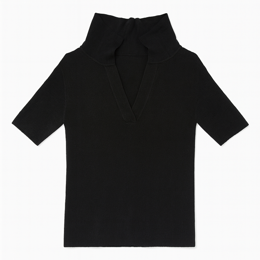 [938]MM  [Promotion Price] Black Polo Collar Straight Shoulder Short Sleeve Women's T-shirt Summer Lightweight Upturned Collar Ice Silk Knitted Top Designer-Style Unique Top