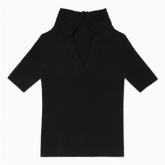 [938]MM  [Promotion Price] Black Polo Collar Straight Shoulder Short Sleeve Women's T-shirt Summer Lightweight Upturned Collar Ice Silk Knitted Top Designer-Style Unique Top