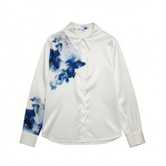 [053]G    YMDM Women's Spring Long Sleeve Satin Tencel Shirt with Designer Style, Intellectual Charm, and Unique Pattern