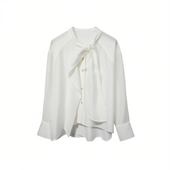 [643]G    2025 Spring/Summer New Collection French Elegance Lyocell Acetate Ribbon Slightly Sheer White Shirt Women's Lightweight Long-Sleeve Top