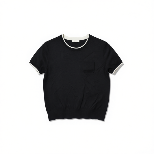 [690]GM   premium textured linen-cotton or long-staple cotton yarn vintage versatile color-blocked round neck / polo neck short sleeve