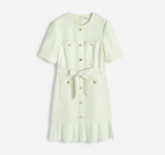 [518]NN Famansuan White French Chanel-style Women's 2025 Summer New Arrival High-end Waist-tightening Pieced Pleated Dress