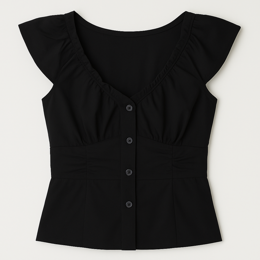 [962]MS Sweet Sexy V Neck Cardigan Black Small Flying Sleeve Shirt Women's Summer Slimming Look Niche Design Chic Top