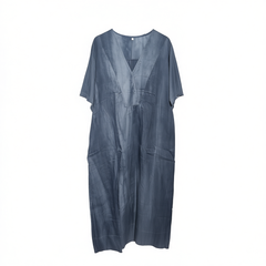 [126]G  GUYUN DVO Women's V-Neck Embroidered 100% Linen Dress, Loose Fit Plus Size Summer Vacation Robe, Dirt-Dyed Design for Slimming and Height-Enhancing Look
