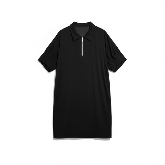 [391]NM  Summer 2025 Women's New Collection Polo Collar Puff Sleeve Loose Short Black Straight Cut Short Sleeve Dress