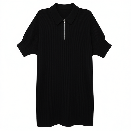 [391]NN Summer 2025 Women's New Collection Polo Collar Puff Sleeve Loose Short Black Straight Cut Short Sleeve Dress