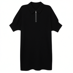 [391]NN Summer 2025 Women's New Collection Polo Collar Puff Sleeve Loose Short Black Straight Cut Short Sleeve Dress