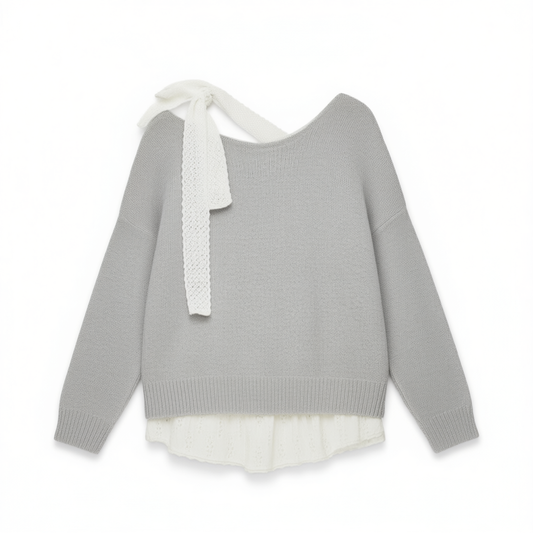 [512]NN Qi Wei's Collection Kroche Merino Wool + Rabbit Hair Asymmetrical Shoulder Design French Bow Lace Shoulder Strap Sweater