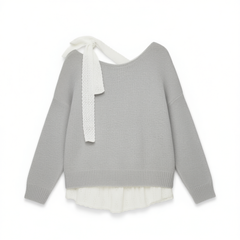 [512]NN Qi Wei's Collection Kroche Merino Wool + Rabbit Hair Asymmetrical Shoulder Design French Bow Lace Shoulder Strap Sweater