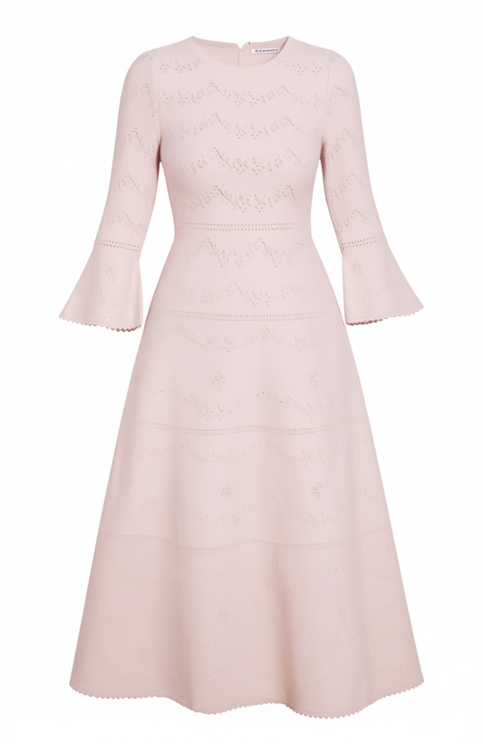 [624]GM  British Luxury NT Women's Round Neck Ruffled Short Sleeve Knit Dress with Satin Bow and Floral Embroidery - Two Colors