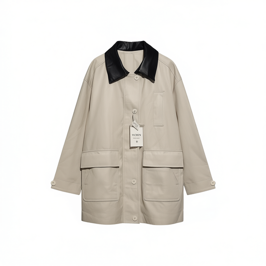 [756]N  2025 New Women's Spring and Autumn Beige PU Jacket with Contrast Color Stand-Up Collar - Versatile, Trendy, Super Popular, High-End Feel