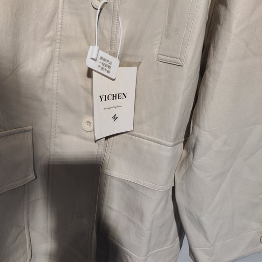 [756]N  2025 New Women's Spring and Autumn Beige PU Jacket with Contrast Color Stand-Up Collar - Versatile, Trendy, Super Popular, High-End Feel