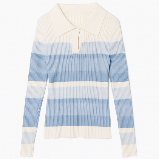 [923]GM   Lashabell Gradient Blue Stripe V-Neck Sweater Women's 2025 Autumn New Arrival Slimming Elegant Top