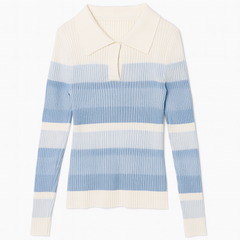[923]GM   Lashabell Gradient Blue Stripe V-Neck Sweater Women's 2025 Autumn New Arrival Slimming Elegant Top