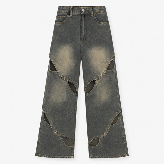 [418]GM    BIGGOLD American Vintage Niche Deconstructed Metal Button Designer Touch Wide-Leg Distressed Elaborate Craftsmanship Openwork Jeans