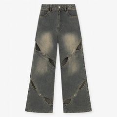 [418]GM    BIGGOLD American Vintage Niche Deconstructed Metal Button Designer Touch Wide-Leg Distressed Elaborate Craftsmanship Openwork Jeans