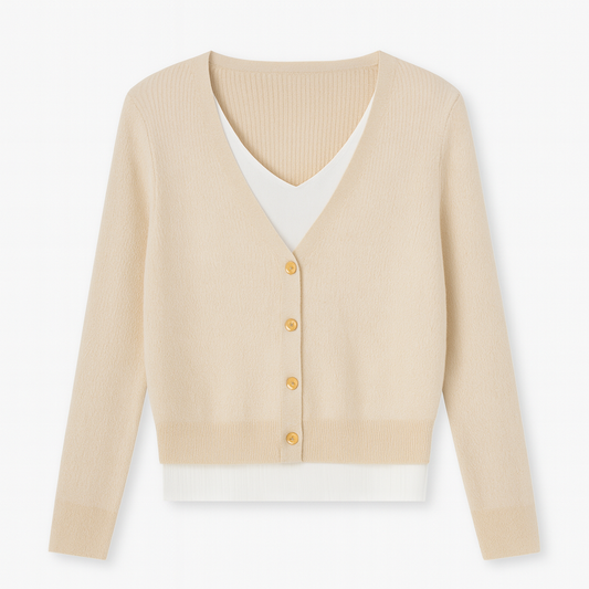 [667]GM     Women's 2025 Spring New Collection Double-Layered V-Neck Apricot Long Sleeve High-End Base Layer Sweater
