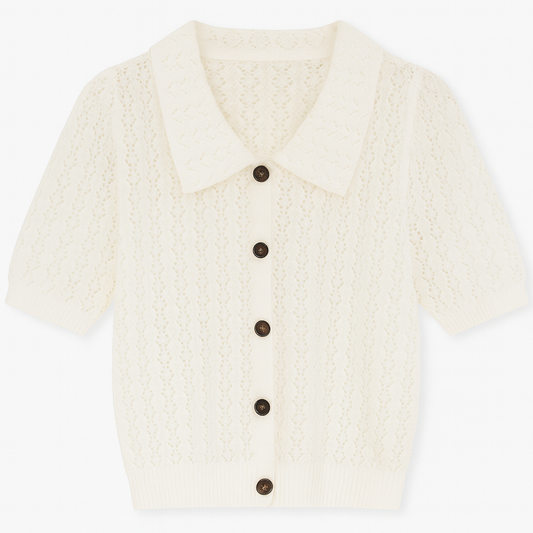 [690]GM     [Promotion Price] French Balloon Sleeve Openwork Short-Sleeve Polo Shirt Women's Summer Lightweight Top Elegant Outerwear Ice Silk Collar Knitted Cardigan