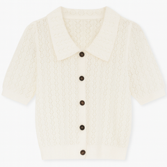 [690]GM     [Promotion Price] French Balloon Sleeve Openwork Short-Sleeve Polo Shirt Women's Summer Lightweight Top Elegant Outerwear Ice Silk Collar Knitted Cardigan