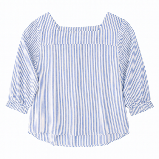 [041]NM Women's 2023 Summer New Chiffon Shirt with Boat Neck Short Sleeves Korean Style Striped Loose Puffed Sleeves Top Stylish Blouse