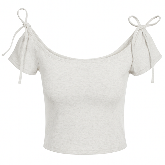 [182]GM   Korean Style is Back with a Cute and Sweet Vibe! Bow Design Front-Shoulder Top, Summer Waist-Cinching Slimming Short T-Shirt with Built-In Padding