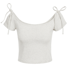 [182]GM   Korean Style is Back with a Cute and Sweet Vibe! Bow Design Front-Shoulder Top, Summer Waist-Cinching Slimming Short T-Shirt with Built-In Padding