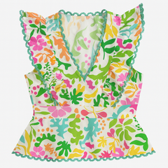 [636]GM   ¡¾Immediately¡¿Bargain Hunt! NY*C Remaining Stock Vibrant Floral V-Neck Puffy Sleeves Stretchy Slimming Top