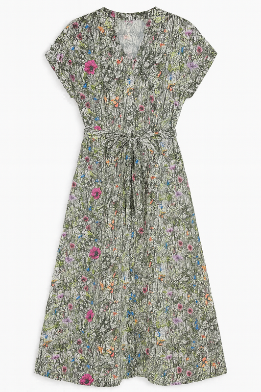 [910]GM    Original Export Italian Women's Clothing Top Brand Cut Label Tie-Up Floral Print V-Neck Summer Dress Exported to France