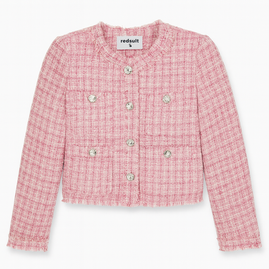 [792]GM    Redsuit Imported Wool Gabardine Gentle Pink Chanel-Style Jacket Hand-Rolled Edges Four Pockets Checkered Blouse New
