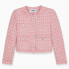 [792]GM    Redsuit Imported Wool Gabardine Gentle Pink Chanel-Style Jacket Hand-Rolled Edges Four Pockets Checkered Blouse New