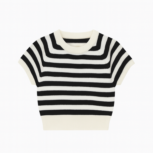 [082]GM   MEIYANG [In Stock] Berry Knit Top Ice Silk Look Striped Patchwork U-neck Short Length Short Sleeve Top