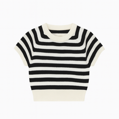 [082]GM   MEIYANG [In Stock] Berry Knit Top Ice Silk Look Striped Patchwork U-neck Short Length Short Sleeve Top