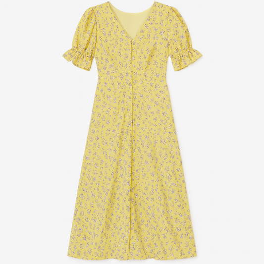 [116]GM  French V-neck chiffon yellow floral print dress for women summer puff sleeves waist belt tailored waist elegant slit tea dress