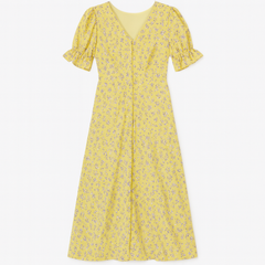 [116]GM  French V-neck chiffon yellow floral print dress for women summer puff sleeves waist belt tailored waist elegant slit tea dress