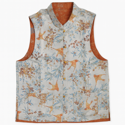 [049]GM   [Qiaoqin] New Chinese Style Mulberry Silk Stand-Up Collar Women's Daily Wear Vintage Song Brocade Straight-Front Vest 89910