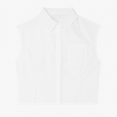 [049]GM   French Chic White Short-Length Sleeveless Shirt with Shoulder Pads, Unique Design for Women, Summer