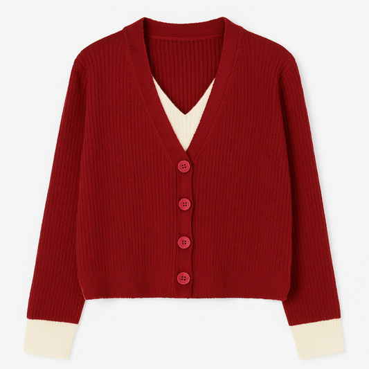 [035]GM   Stylish Red V-Neck Knit Sweater for Women - Autumn and Winter, Age-Defying, Trendy Top with Inner Layer Base Sweater