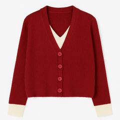 [035]GM   Stylish Red V-Neck Knit Sweater for Women - Autumn and Winter, Age-Defying, Trendy Top with Inner Layer Base Sweater