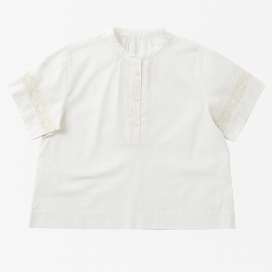 [580]GM  Qingcheng Suxiaotang | Light Cloud Cool Breeze Blouse White Loose Round Neck Sweater Women's Hollowout 5/8 Sleeve Top