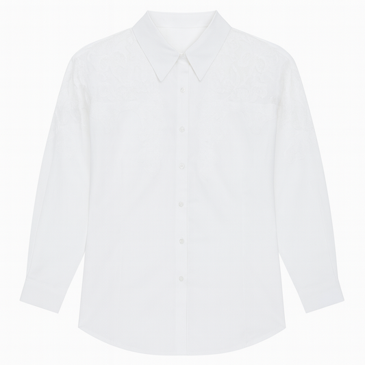 [644]GM   Women's 2025 New Trend Long-Sleeve Crochet Openwork White Collar Shirt Spring Lightweight Shirt Large Size