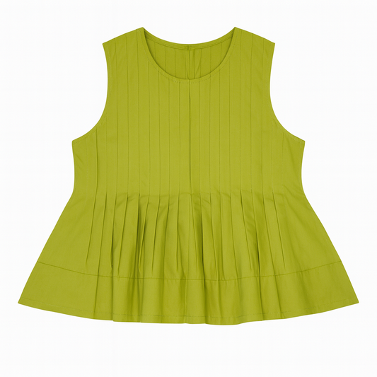 [545]GM  BoYu Green Designer Stylish Sleeveless Pleated Baby Doll Top Slimming Waist Summer New Round Neck Top